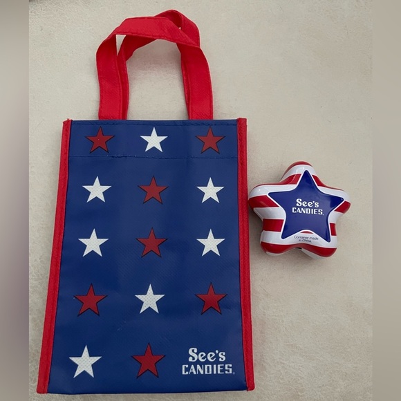 See's Candies 2pcs American Flag Lollipop Tin Empty Case Holder mini gift Bag - Picture 1 of 7